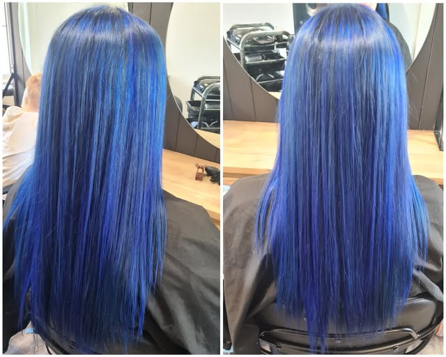 Before and after of a full vivid electric blue colour on long straight hair