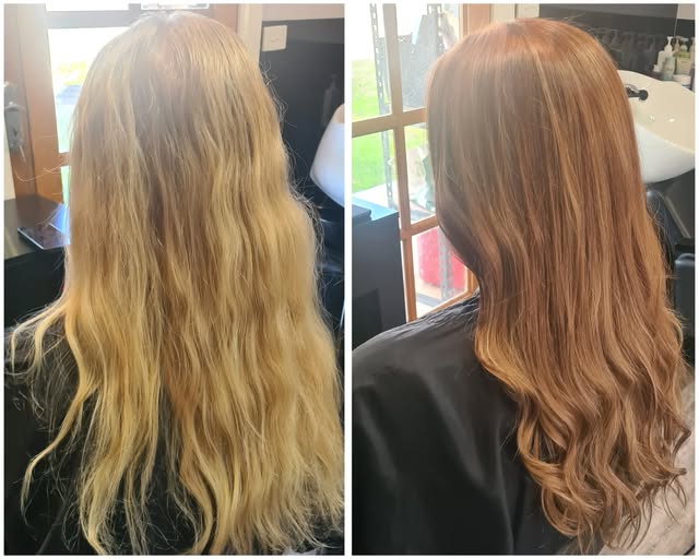 Before and after of brassy blonde corrected to a soft copper