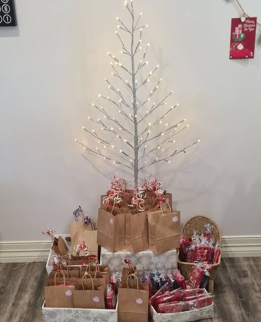 The salon at Christmas, with a lit tree and wrapped gift bags