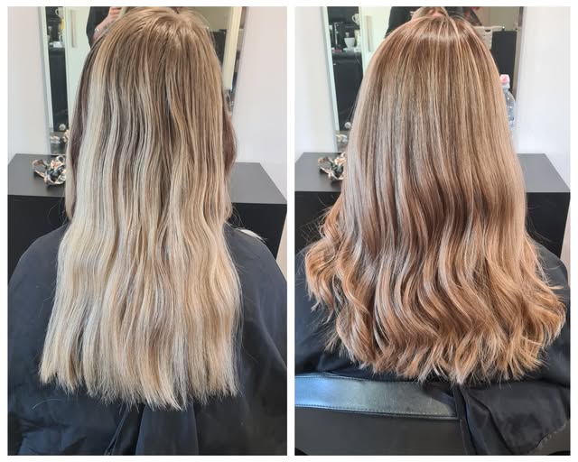 Before and after of grown out blonde taken to a warm caramel